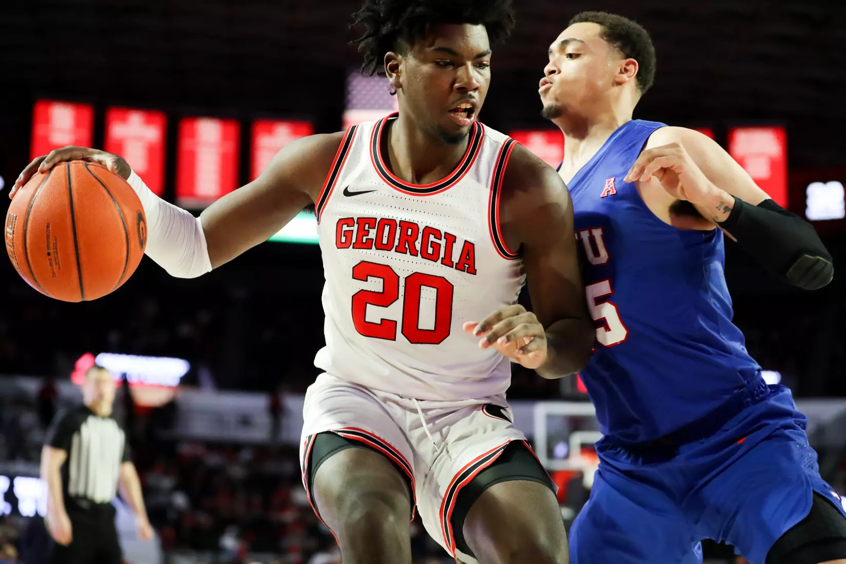 Georgia basketball player Rayshaun Hammonds (20) during the Bulldogsâ?? game against SMU at Stegeman Coliseum in Athens, Ga., on Friday, Dec. 20, 2019. (Photo by Tony Walsh)