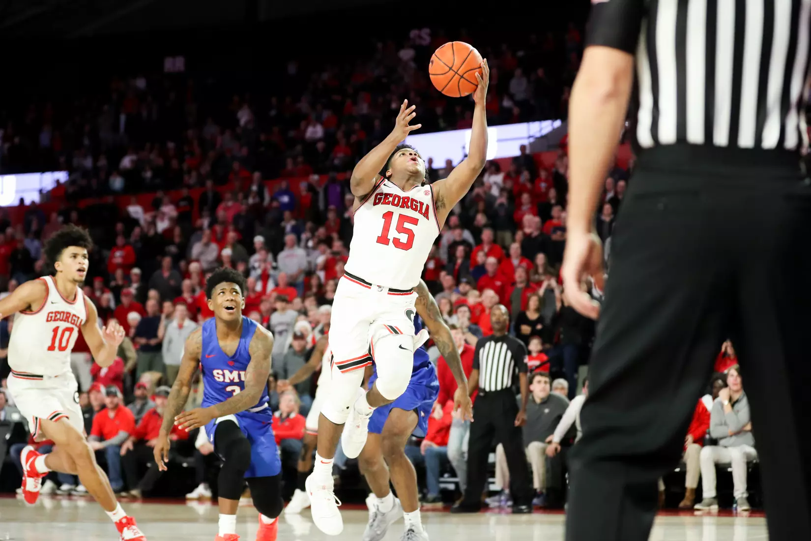 Georgia basketball player Sahvir Wheeler (15) during the Bulldogs' game against SMU at Stegeman Coliseum in Athens, Ga., on Friday, Dec. 20, 2019. (Photo by Tony Walsh)