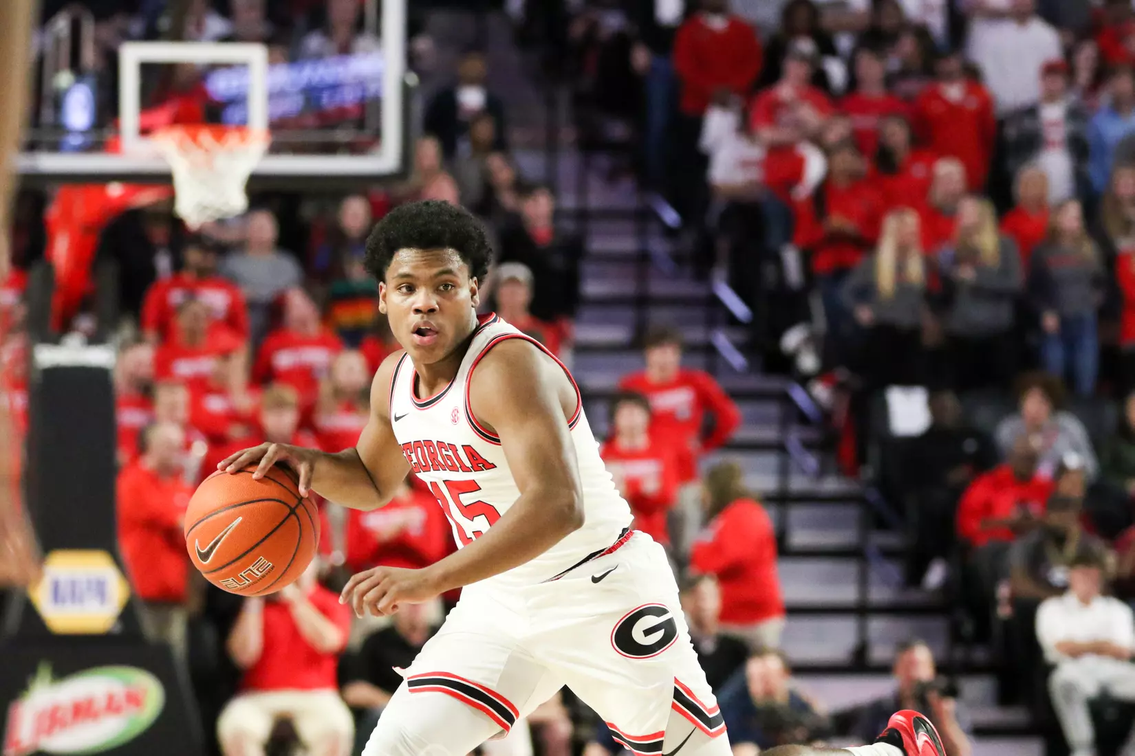 Georgia basketball player Sahvir Wheeler (15) during a game against Georgia Tech at Stegeman Coliseum in Athens, Ga., on Wednesday, Nov. 20, 2019. (Photo by Tony Walsh)