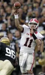 Georgia quarterback Aaron Murray, right, gets off a pass in the first half as Colorado defensive end Chidera Uzo-Diribe (96) applies pressure during an NCAA college football game in Boulder, Colo., on Saturday, Oct. 2, 2010. (AP Photo/Ed Andrieski)