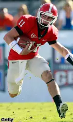 Quarterback Aaron Murray #11 of the Georgia Bulldogs runs for yardage. (Photo by Sam Greenwood/Getty Images)
