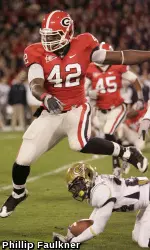 Justin Houston in action against Georgia Tech. (Photo by Phillip Faulkner)