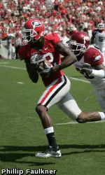 Georgia receiver Tavarres King (12) hauls in a pass during the Bulldogs' game with Arkansas on Saturday at Sanford Stadium. (Photo by Phillip Faulkner)