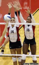 Junior Briana Bahr and senior Elizabeth Reid go up for a block in Friday's win over MSU.