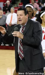 Andy Landers addressed the crowd following Tuesday's win, his 800th at UGA.