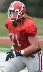 Tackle John Theus (71) during the Bulldogs' TaxSlayer.com Gator Bowl practice in Jacksonville, Fla., on Friday, Dec. 27, 2013. (Photo by Steven Colquitt)