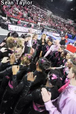 Georgia gymnasts huddle up during an NCAA women's gymnastics meet between the University of Kentucky and the University of Georgia on Saturday, January 24, 2015 in Athens, Ga. (Photo by Sean Taylor)