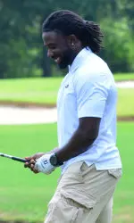 Georgia running back Keith Marshall laughs after his shot in the Bulldogs Battling Breast Cancer Kathy Peyton Memorial Golf Tournament at The Georgia Club in Statham, Ga. on Monday, July 13, 2015. (Photo by Steven Colquitt)