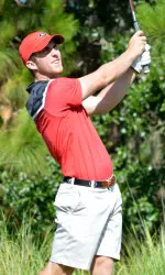 Zach Healy watches his tee shot during the first round of the NCAA Championships at Concession Golf Club in Bradenton, Fla., on Friday, May 29, 2015. (Photo by Steven Colquitt)