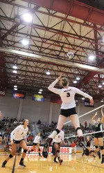 Georgia's Megan Spencer (3) spikes the ball during the Bulldogs' win over Wofford in the Benson Hospitality Invitational at the Ramsey Center last Friday. (Photo by Sean Taylor)