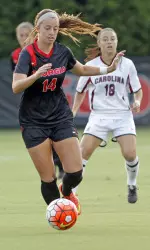 Georgia's Sydney Shultis (14) controls the ball during the Bulldogs' match with South Carolina at the Turner Soccer Complex in Athens, Ga., on Friday, Sept. 11, 2015. (Photo by Adrienne Andrews)