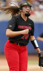 Georgia pitcher Chelsea Wilkinson reacts after the final out of a softball game against Florida State at the Women's College World Series in Oklahoma City, Thursday, June 2, 2016. Georgia won 5-4. (Nate Billings/The Oklahoman via AP)