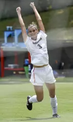 Georgia forward Lauren Tanner celebrates after scoring against Cal State Fullerton on Sunday. (Photo by David Barnes)