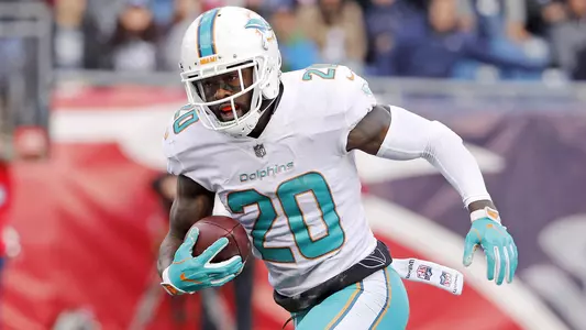 Nov 26, 2017; Foxborough, MA, USA; Miami Dolphins free safety Reshad Jones (20) runs the ball back for a touchdown after recovering a fumble against the New England Patriots during the second quarter at Gillette Stadium. Mandatory Credit: Winslow Townson-USA TODAY Sports