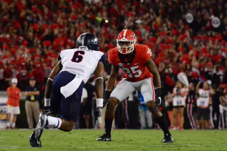 Georgia defensive back Aaron Davis (35) during the Bulldogs' game against Samford University at Sanford Stadium in Athens, Ga. on Saturday, Sept. 16, 2017. (Photo by Caitlyn Tam)