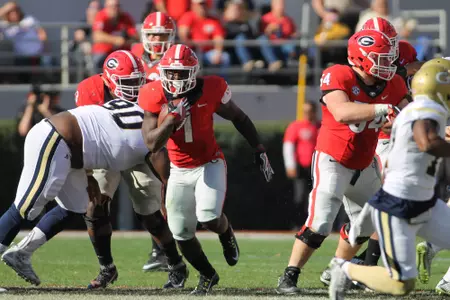 Georgia tailback Sony Michel (1) during the Bulldogs’ game against Georgia Tech at Sanford Stadium