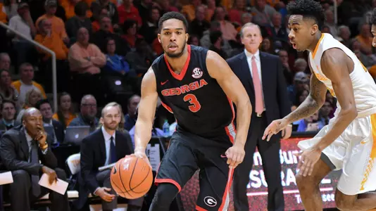 Redshirt junior Juwan Parker drives in UGA's 76-75 win at Tennessee on Feb. 11, 2017.
