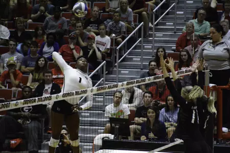 Georgia's T'ara Ceasar (1) during the Bulldogs' game against LIU Brooklyn at the Ramsey Student Center in Athens, Ga. on Saturday, Aug. 26, 2017. (Photo by Caitlyn Tam)