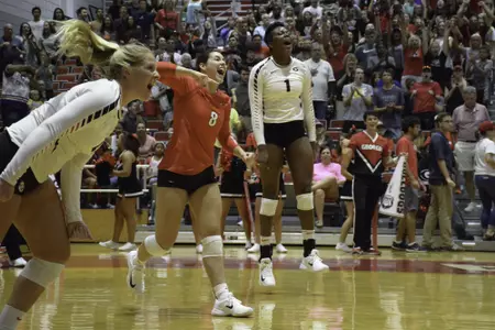 Georgia's T'ara Ceasar (1), Kendall Glover (8), and Cassidy Anderson (20) during the Bulldogs' game against LIU Brooklyn at the Ramsey Student Center in Athens, Ga. on Saturday, Aug. 26, 2017. (Photo by Caitlyn Tam)