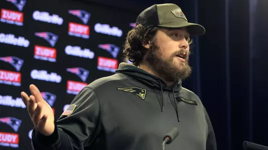 New England Patriots center David Andrews faces reporters following an NFL football practice, Thursday, Jan. 18, 2018, in Foxborough, Mass. The Patriots are to host the Jacksonville Jaguars in the AFC championship Sunday in Foxborough. (AP Photo/Steven Senne)