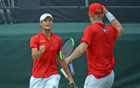 Georgia's Wayne Montgomery and Walker Duncan during the NCAA Championships contest between Georgia and North Carolina at the Dan Magill Tennis Complex in Athens, Ga., on Monday, May 22, 2017. (Photo by Steven Colquitt)