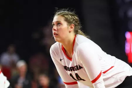 Georgia opposite hitter Mallory Hernandez (14) maintains her focus during a volleyball match between The University of Georgia and Louisiana State University in Stegeman Coliseum in Athens, Ga., on Friday, Sept., 21, 2018. (Photo by Kristin M. Bradshaw)