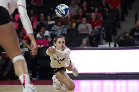 Georgia defensive specialist Claire Rothenberger (2) dives for the ball during the Bulldog's volleyball match against the Texas A&M University in Stegeman Coliseum in Athens, Ga., on Sunday, Oct. 14, 2018. (Photo by Lauren Tolbert)