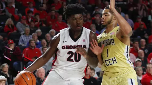 Georgia forward Rayshaun Hammonds (20) during the Bulldogs' game against Georgia Tech at Stegeman Coliseum in Athens, Ga., on Tuesday, Dec. 19, 2017. (Photo by Steffenie Burns)Georgia forward Rayshaun Hammonds (20) during the Bulldogs' game against Georgia Tech at Stegeman Coliseum in Athens, Ga., on Tuesday, Dec. 19, 2017. (Photo by Steffenie Burns)