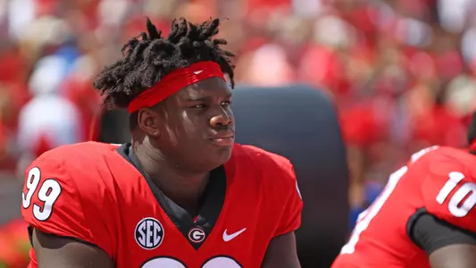 Georgia defensive lineman Jordan Davis (99) watches from the sidelines during a college football game between The University of Georgia and Middle Tennessee State University in Stanford Stadium in Athens, Ga. on Saturday, Sep., 15, 2018. (Photo by Lauren Tolbert).