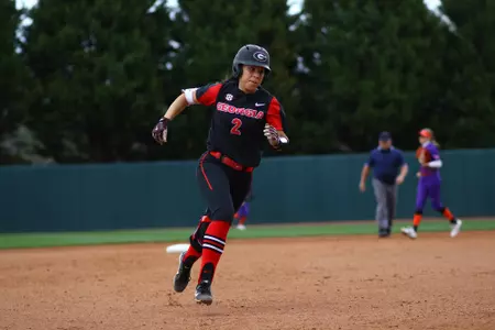 Georgia infielder Justice Milz (2) during the Bulldogs' game against Evansville at Jack Turner Softball Stadium in Athens, Ga. on Saturday, Feb. 17, 2018. (Photo by Steffenie Burns)
