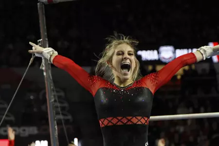 Georgia's Sydney Snead during the GymDogs' meet against Auburn at Stegeman Coliseum in Athens, Ga., on Friday, Jan. 19, 2018. (Photo by Steffenie Burns)