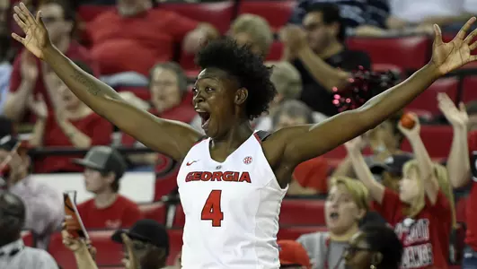 Georgia forward Caliya Robinson (4) reacts to a 3 point shot by Georgia forward Mackenzie Engram (33) during the Lady Bulldogs' game against SEC opponent Alabama at Stegeman Coliseum on Thursday 23, Feb. 19, 2017 in Athens, Georgia.(Photo by John Kelley/UGA)