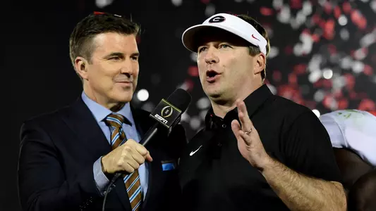 PASADENA, CA - JANUARY 01: Head Coach Kirby Smart of the Georgia Bulldogs speaks to the media after the Bulldogs beat the Oklahoma Sooners in the 2018 College Football Playoff Semifinal Game at the Rose Bowl Game presented by Northwestern Mutual at the Rose Bowl on January 1, 2018 in Pasadena, California. (Photo by Harry How/Getty Images)