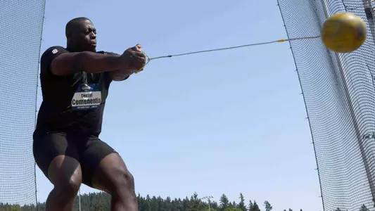 Jun 6, 2018; Eugene, OR, USA; Denzel Comentia of Georgia wins the hammer throw at 250-8 (76.41m) during the NCAA Track and Field championships at Hayward Field. Mandatory Credit: Kirby Lee-USA TODAY Sports