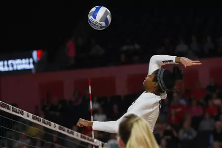 Georgia's Majesti Bass (19) during the Bulldogs' volleyball match against Mississppi State at Stegeman Coliseum in Athens, Ga., on Friday, Nov. 3 2017. (Photo by Steffenie Burns)