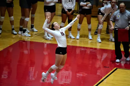 Georgia's Sydney Gilliam (15) during the Bulldogs' match against Auburn at the Ramsey Student Center in Athens, Ga. on Sunday, Sept. 24, 2017. (Photo by Caitlyn Tam)