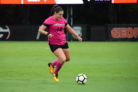 Georgia midfielder Katie Higgins (15) during the Bulldogs' game against Texas A&M at the Turner Soccer Complex in Athens, Ga. on Sunday, Oct. 8, 2017. (Photo by Caitlyn Tam)