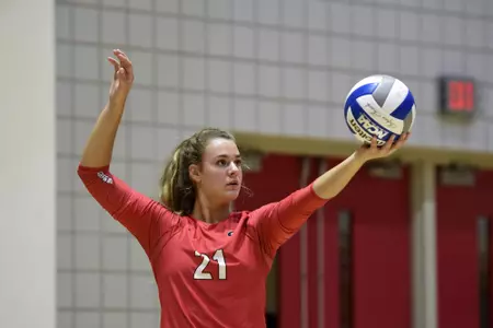 Georgia's Caroline Ostman (21) serves the ball during the Bulldogs' game with Savannah State at the Ramsey Center in Athens, Ga., on Saturday, August 27, 2016. (Photo by David Barnes)