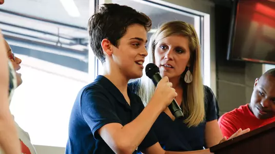 Students speak at the ESP event at Foley Field in Athens, Ga., on Thursday, Aug., 23, 2018. (Photo by Kristin M. Bradshaw)