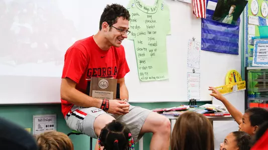 After being named to Allstate's "Good Works Team" Georgia kicker Rodrigo Blankenship (98) answers the questions of Ms. Brink's students at Barrow Elementary School in Athens, Ga., on Wednesday, Sept., 26, 2018. (Photo by Kristin M. Bradshaw)