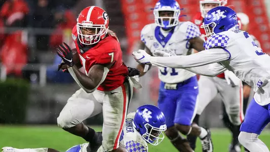 Georgia tailback D'Andre Swift (7) during the Bulldogs’ game against Kentucky on Dooley Field at Sanford Stadium in Athens, Ga., on Saturday, Oct. 19, 2019. (Photo by Chamberlain Smith)