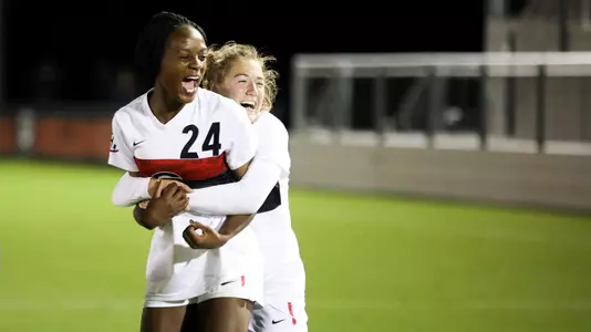 Georgia defender Cecily Stoute (24) and Georgia midfielder Bella Ponzi (23) after a win against Florida at the Turner Soccer Complex in Athens, Ga., on Thursday, Oct. 31, 2019. (Photo by Tony Walsh)