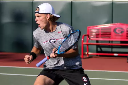 Georgia tennis player Erik Grevelius during the 52nd Annual Southern Intercollegiate Championships at the Dan Magill Tennis Complex in Athens, Ga., on Friday, Sept., 27, 2019. (Photo by Chamberlain Smith)
