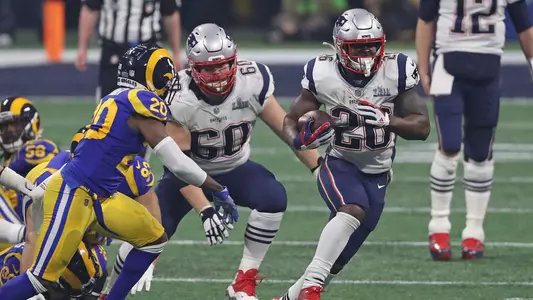 Feb 3, 2019; Atlanta, GA, USA; New England Patriots running back Sony Michel (26) runs the ball during the third quarter against the Los Angeles Rams in Super Bowl LIII at Mercedes-Benz Stadium. Mandatory Credit: Brett Davis-USA TODAY Sports