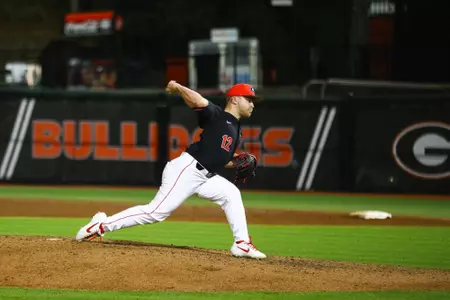 Georgia pitcher Zac Kristofak (12) during a baseball game between the University of Georgia and Long Island University Brooklyn in Athens, Ga., on Tuesday, Feb. 26, 2019. (Photo by Kristin M. Bradshaw)