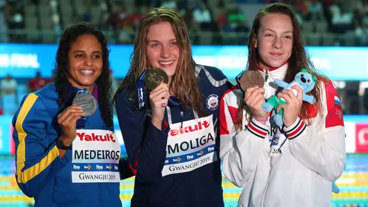 GWANGJU, SOUTH KOREA - JULY 25: (L-R) Silver medalist Etiene Medeiros of Brazil, gold medalist Olivia Smoliga of the United States and bronze medalist Daria Vaskina of Russia pose during the medal ceremony for the Women's 50m Backstroke Final on day five of the Gwangju 2019 FINA World Championships at Nambu International Aquatics Centre on July 25, 2019 in Gwangju, South Korea. (Photo by Catherine Ivill/Getty Images)