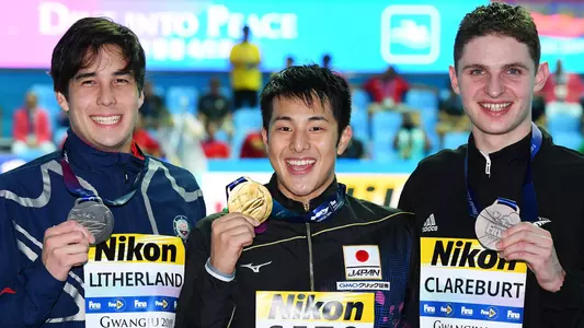 GWANGJU, SOUTH KOREA - JULY 28: (L to R) Silver medalist Jay Litherland of the United States, gold medalist Daiya Seto of Japan and bronze medalist Lewis Clareburt of New Zealand pose on the podium at the medal ceremony or the Men's 400m Individual Medley on day eight of the Gwangju 2019 FINA World Championships at Nambu International Aquatics Centre on July 28, 2019 in Gwangju, South Korea. (Photo by Quinn Rooney/Getty Images)