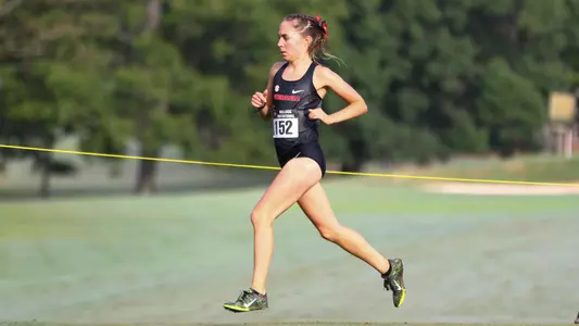 Samantha Drop runs during the Bulldog Invitational cross country meet at the UGA Golf Course in Athens, Ga., on Saturday, Aug. 31, 2019. (Photo by Tony Walsh)