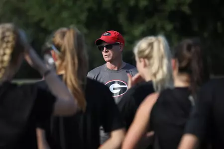 Georgia head coach Billy Lesesne speaks to the team during practice at the Turner Soccer Complex in Athens, Ga., on Wednesday, Aug. 7, 2019. (Photo by Tony Walsh)