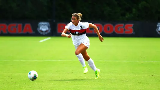 Georgia defender Keely Cartrett (2) dribbles during a game against Maryland at the Turner Soccer Complex in Athens, Ga., on Sunday, Sept. 1, 2019. (Photo by Tony Walsh)